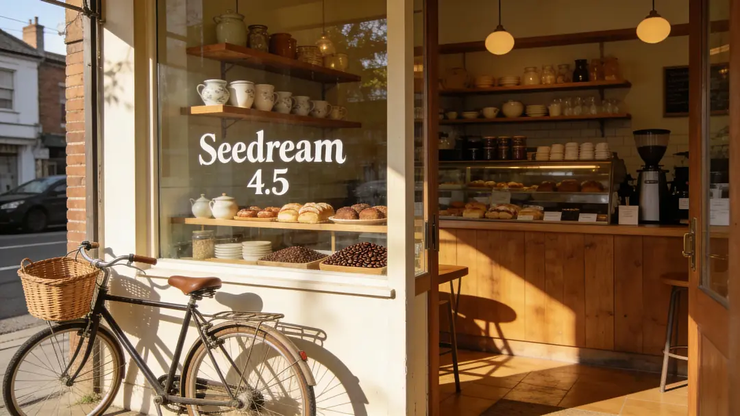 A warm, nostalgic film-style interior of a cozy café, shot on 35mm-inspired digital photography with soft afternoon sunlight filtering through the front windows. Wooden shelves display neatly arranged ceramics, pastries, and coffee beans. Hand-painted signage on the main interior window reads ‘Seedream 4.5’ in clean, classic lettering, similar to boutique branding. A vintage bicycle with a wicker basket is visible outside the entrance, casting soft shadows on the floor. Rich textures, natural light, warm tones, subtle grain, and calm neighborhood-café ambiance.