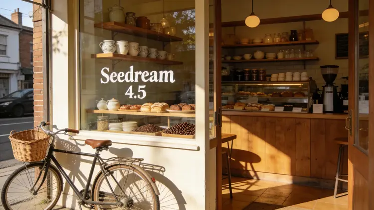 A warm, nostalgic film-style interior of a cozy café, shot on 35mm-inspired digital photography with soft afternoon sunlight filtering through the front windows. Wooden shelves display neatly arranged ceramics, pastries, and coffee beans. Hand-painted signage on the main interior window reads ‘Seedream 4.5’ in clean, classic lettering, similar to boutique branding. A vintage bicycle with a wicker basket is visible outside the entrance, casting soft shadows on the floor. Rich textures, natural light, warm tones, subtle grain, and calm neighborhood-café ambiance.