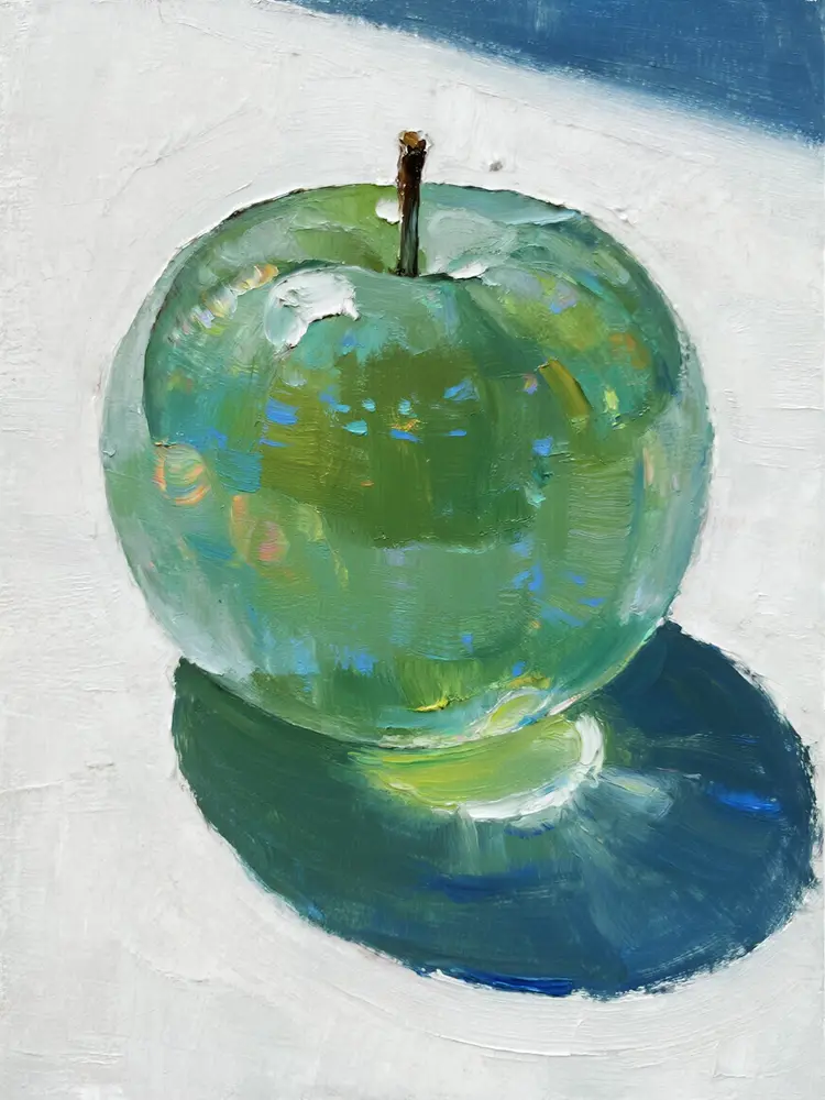 an abstract modern art painting of glass fruit, the glass shines with an iridescent flare, the fruit is transparent