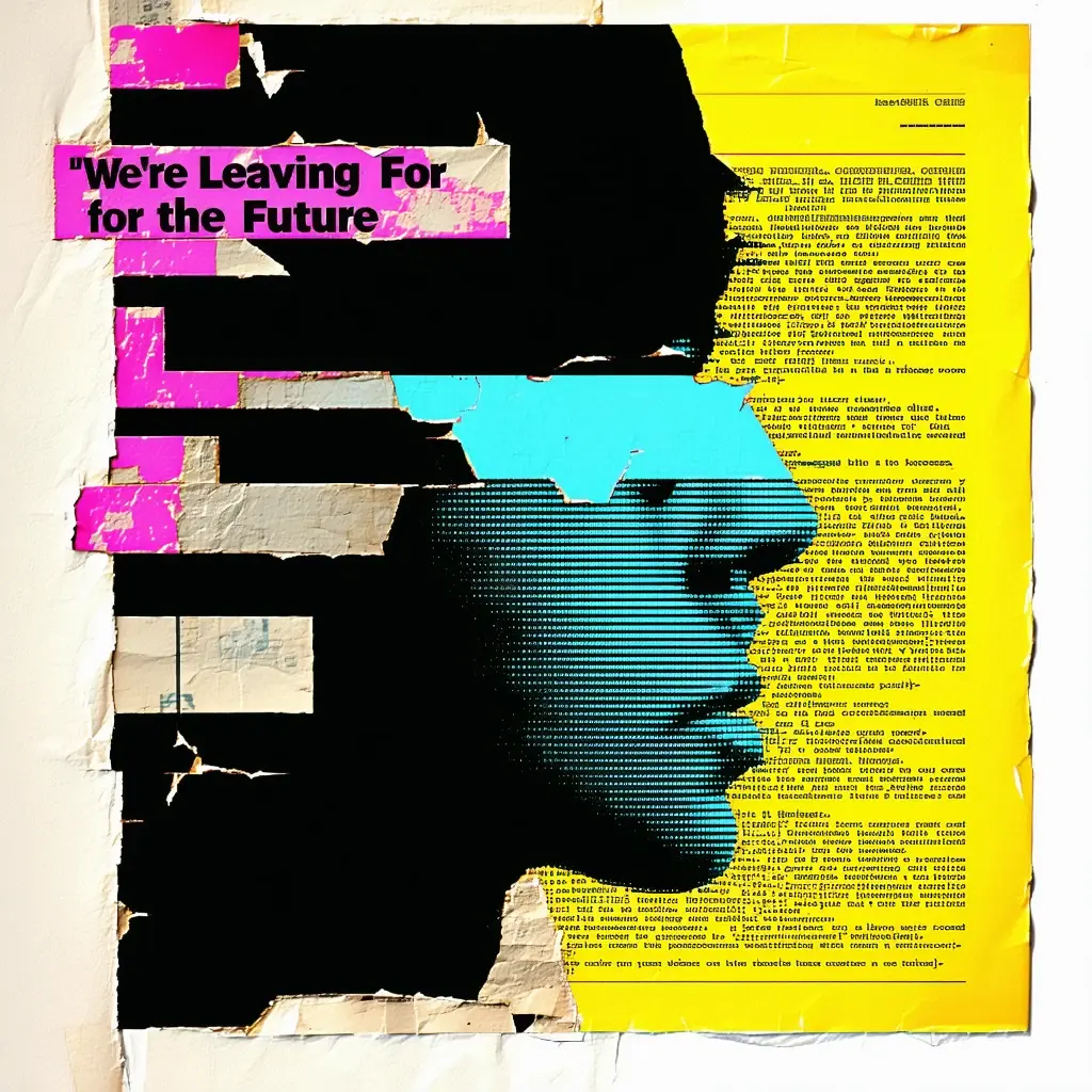 collage art ‘We’re Leaving For the Future’ 1980s #vaporwave aesthetic internet art glued layered magazine cutout image shape scrap, torn ragged paper art, BASIC code, halftone, #pixelart 