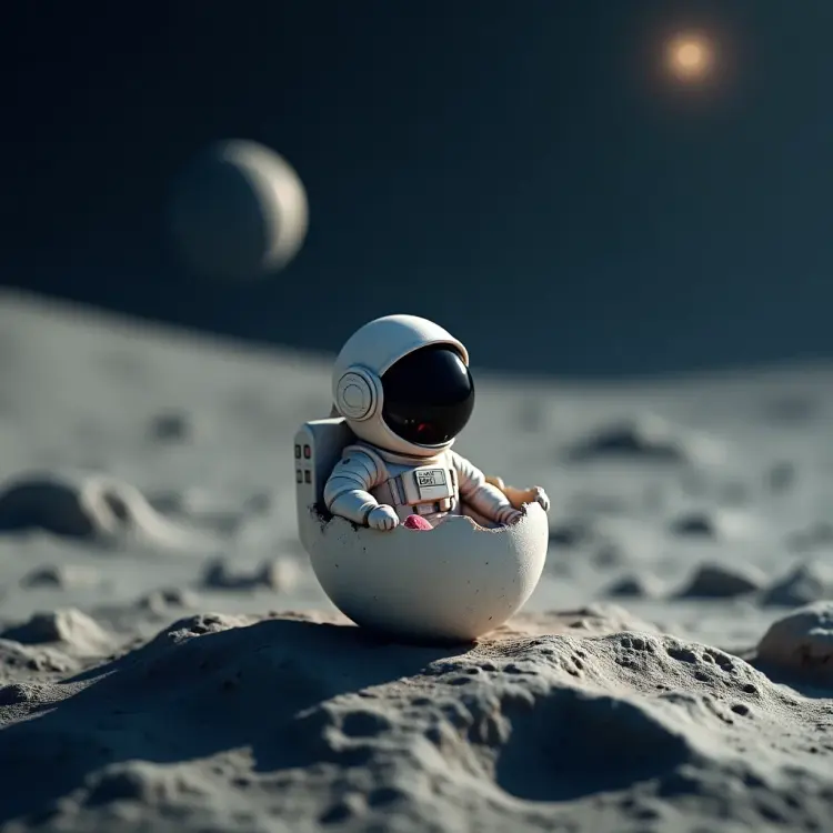 a tiny astronaut hatching from an egg on the moon