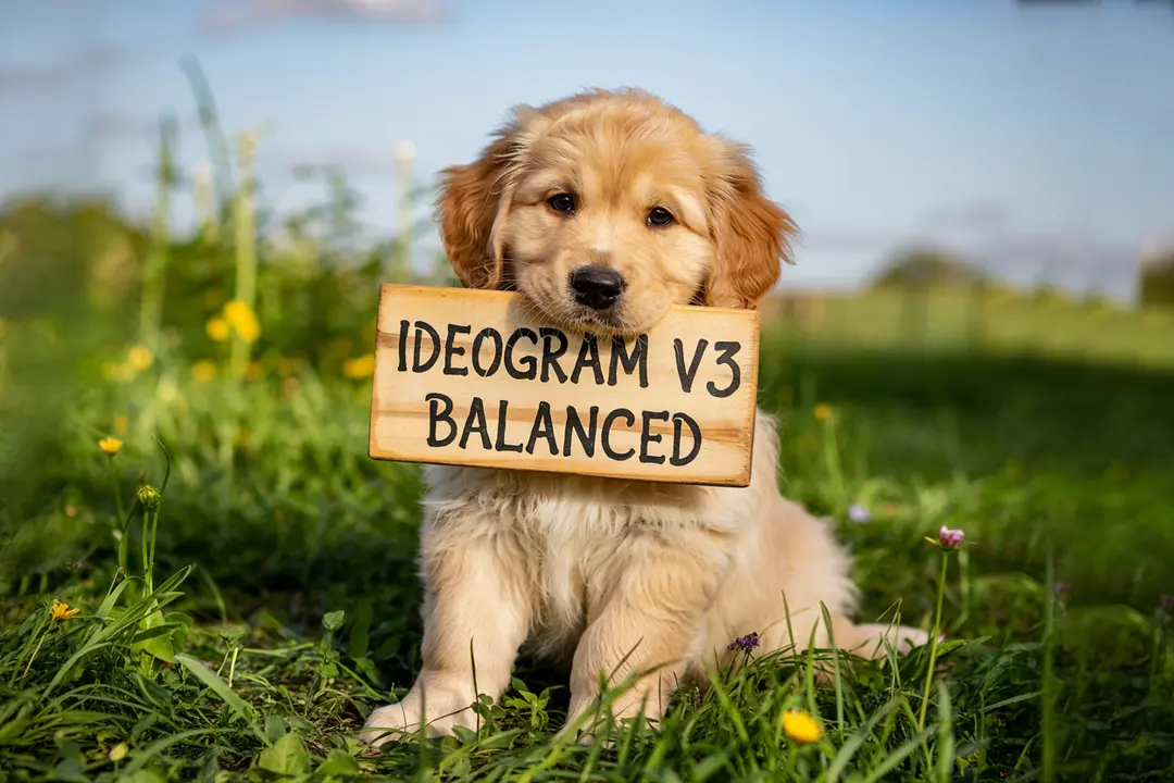 a photo of a puppy holding a sign that says "Ideogram v3 balanced"