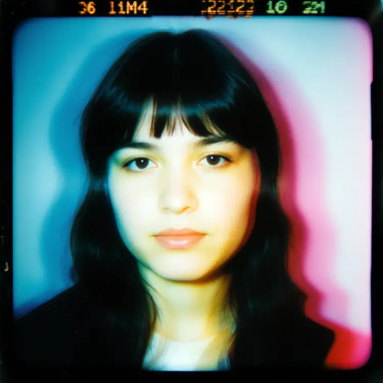 a portrait photo from 2004 with glitchy CMYK errors producing very slight multiple images in cyan, yellow and magenta, those duplicates have a burnt effect