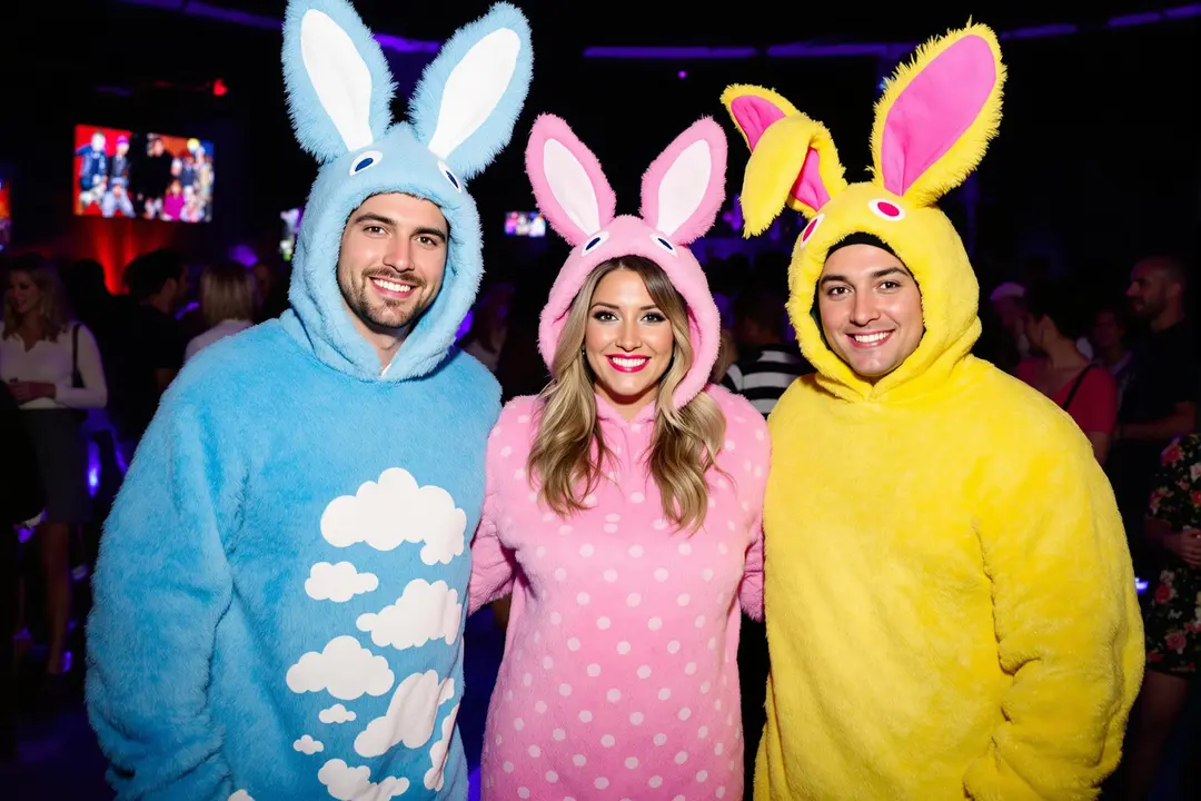 Three adults are dressed in colorful animal costumes at a club, including a blue bunny with a white cloud pattern, a pink bunny with white polka dots, and a yellow bunny with pink ears, all smiling and posing for a photo