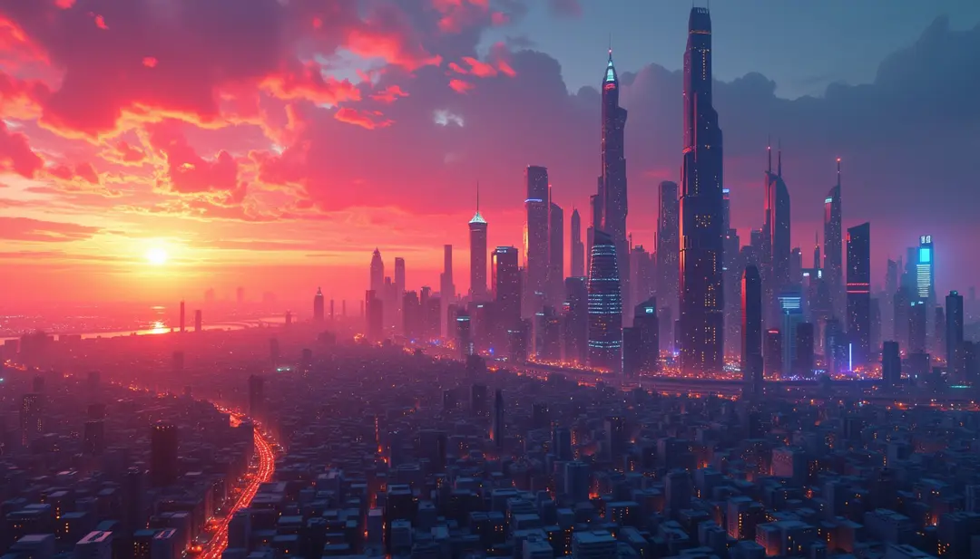 A futuristic city skyline at sunset, vibrant colors, ultra-detailed