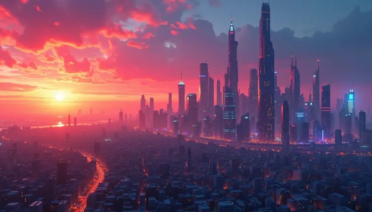 A futuristic city skyline at sunset, vibrant colors, ultra-detailed