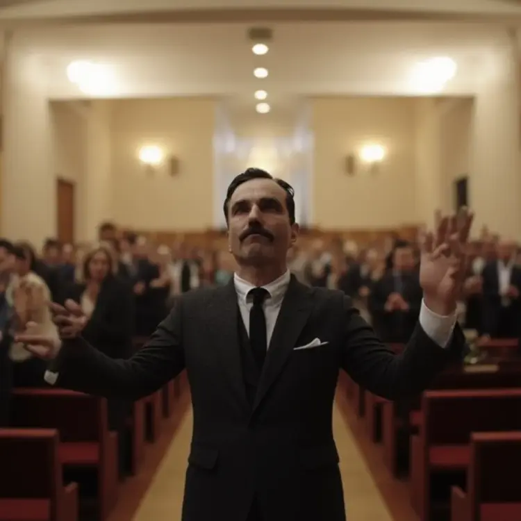 the camera zooms out to show him spreading his arms in prayer, with a church full of people