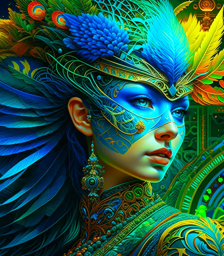 Detailed portrait of a masked woman, bright peacock feathers, complex, elegant, highly detailed, digital painting, art, fluid, illustration, green highlighted lines, complex patterns, cyberpunk Alphonse Mucha