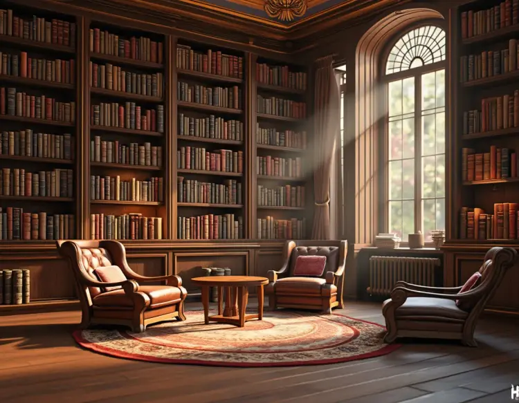 A cozy library with warm lighting, detailed bookshelves