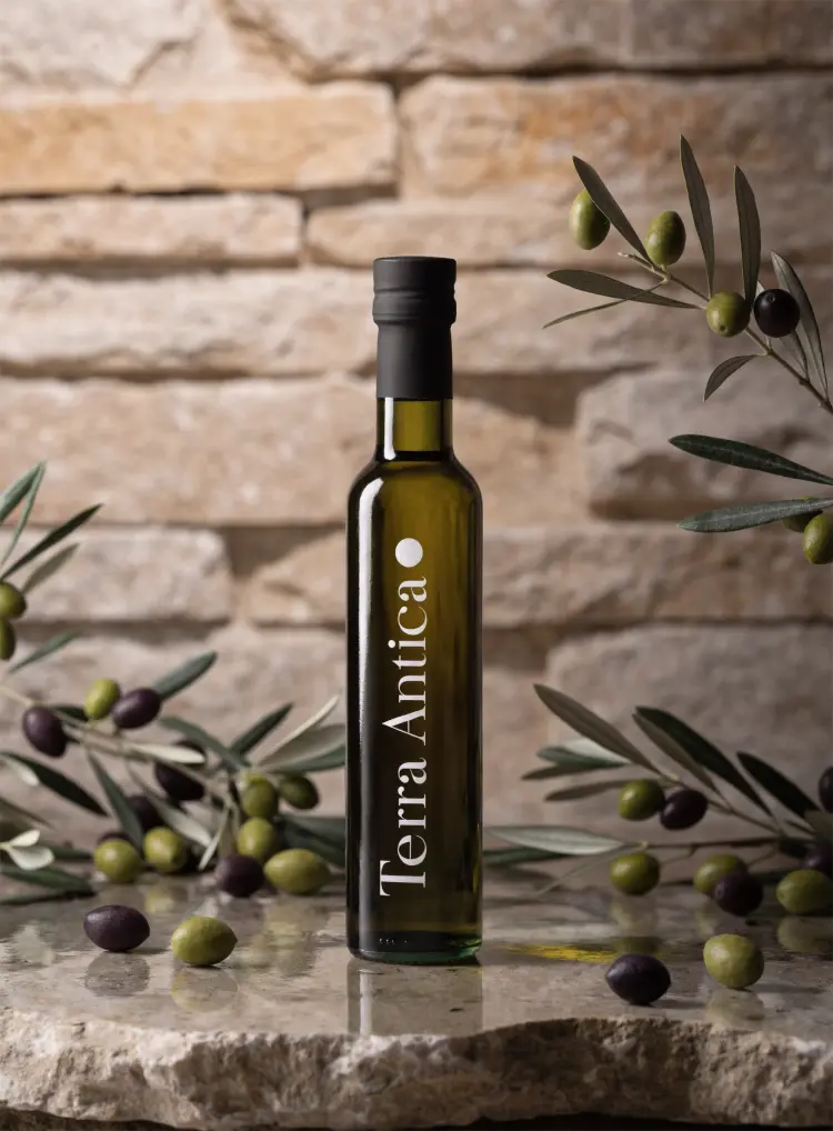 A premium olive oil bottle with a minimalist label design reading 'Terra Antica' in serif typography, placed on a rustic stone surface with olive branches, product photography with soft studio lighting
