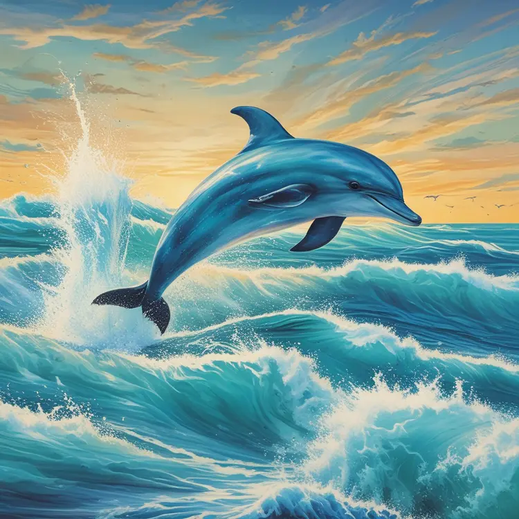 A dolphin leaps through the waves, set against a backdrop of bright blues and teal hues