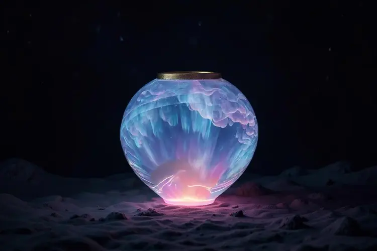 A photo of the reimagined vase in the colorful aurora style