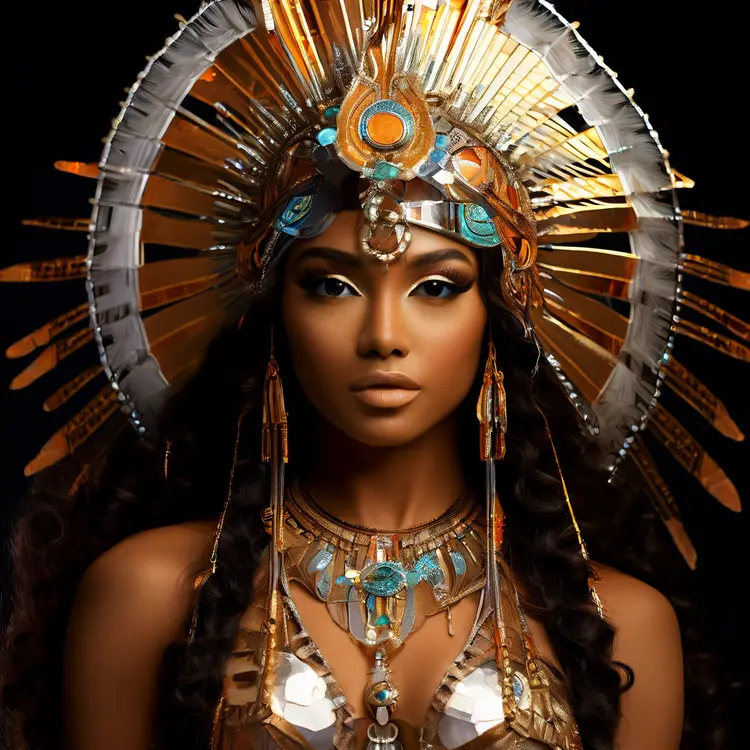 a close up of a woman wearing a transparent, prismatic, elaborate nemeses headdress, over the should pose, brown skin-tone