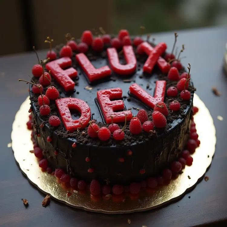 black forest gateau cake spelling out the words "FLUX DEV", tasty, food photography, dynamic shot