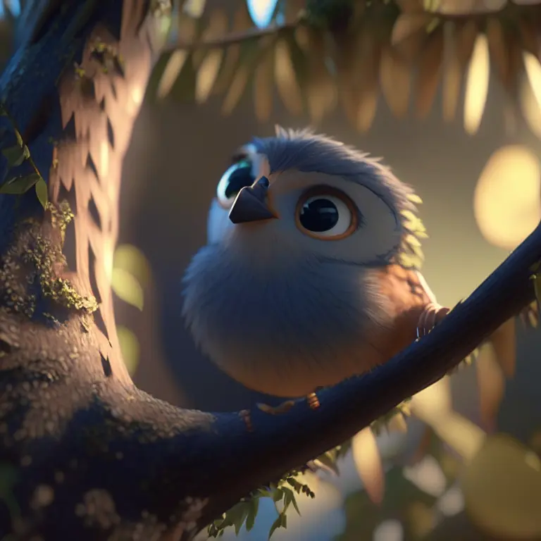 a film still of a cute bird in a tree from a 2.5d animated movie, sharp focus