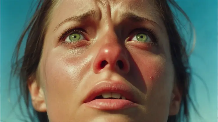 Cinestill 800T film still, closeup portrait of a woman in the blue sky. Her cheeks are sun-kissed and she's looking up towards the sky, her eyes green and full of fear. In the style of documentary portrait photography