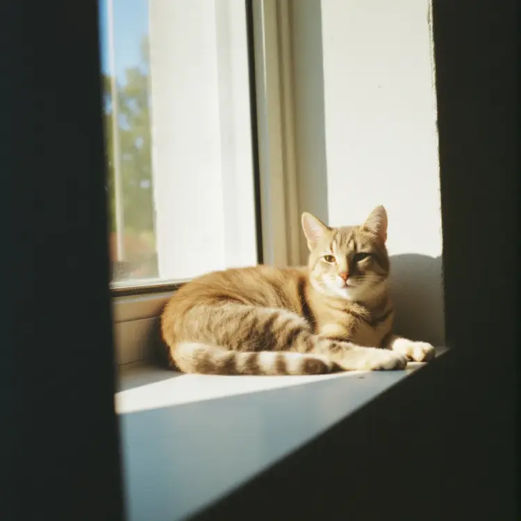 A tabby cat lounging on a sun-dappled windowsill, half its body in shadow, half in bright light, flmft style