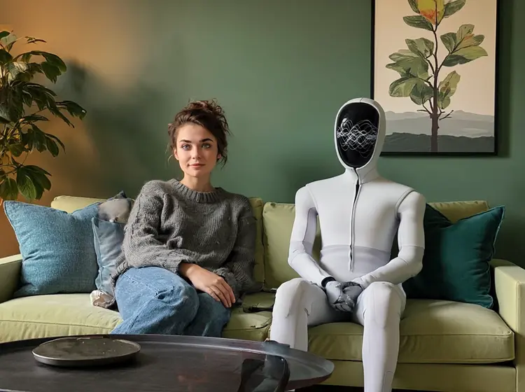 a @woman and @robot are lounging on the sofa in @living_room, it is evening and low light