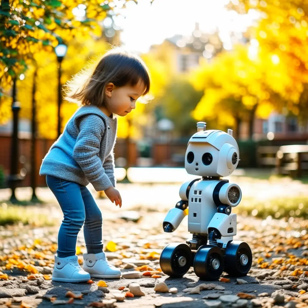 a two year old girl helps a small robot stand up, the photo is realistic, high definition, color image with a park background