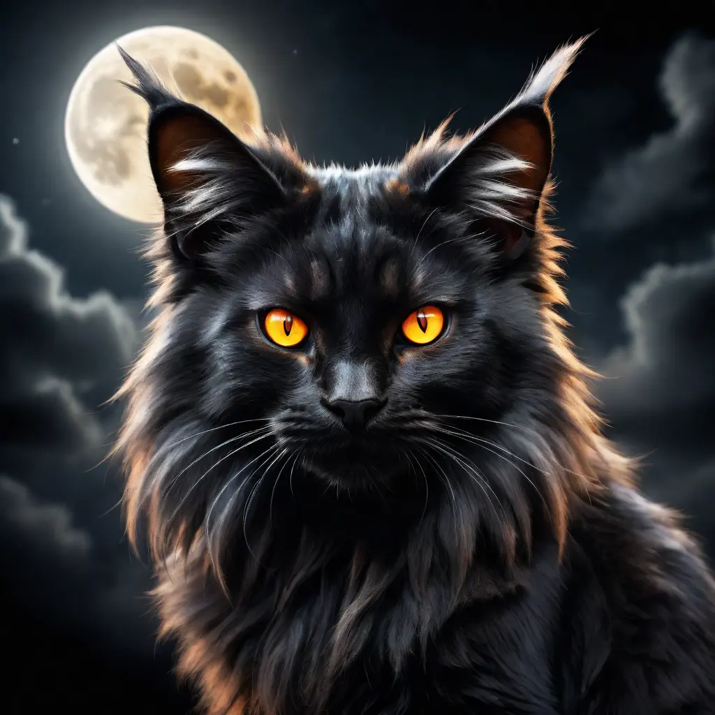 black fluffy gorgeous dangerous cat animal creature, large orange eyes, big fluffy ears, piercing gaze, full moon, dark ambiance, best quality, extremely detailed