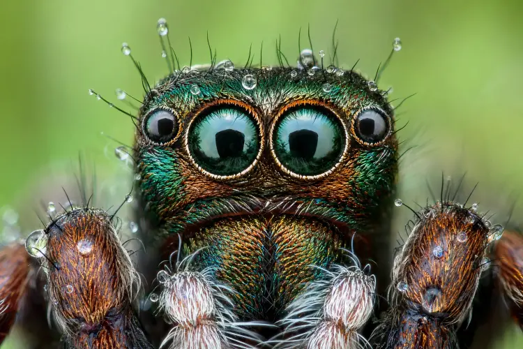 Macro photograph of a jumping spider covered in dew