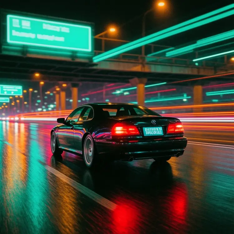 A dynamic panning shot on Kodak Portra 400, 24mm at f/8. A black sports car with red LED tail lights blurs violently across a wet night highway. The entire city behind it melts into streaks of teal, magenta, and sodium orange light trails. The car’s rear lights smear into neon ribbons, wheels dissolved into circular motion streaks. Reflections stretch across the rain-soaked asphalt like smeared oil paint. Shot at 1/60 second with aggressive pan, producing ghosted highlights and prismatic blur. Rich oversaturated Portra palette, creamy bright signs, cyan-tinted shadows, deep amber street lamps. Overhead highway signs streak into long green-blue bands. Frontier scan look with heavy color correction, visible medium format grain, golden speckled highlights. 1970s action photography aesthetic, extreme directional motion blur, radiant neon trails cutting through darkness.