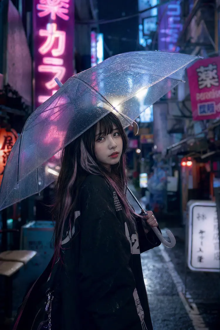 Anime girl with a clear umbrella in a neon Tokyo alley