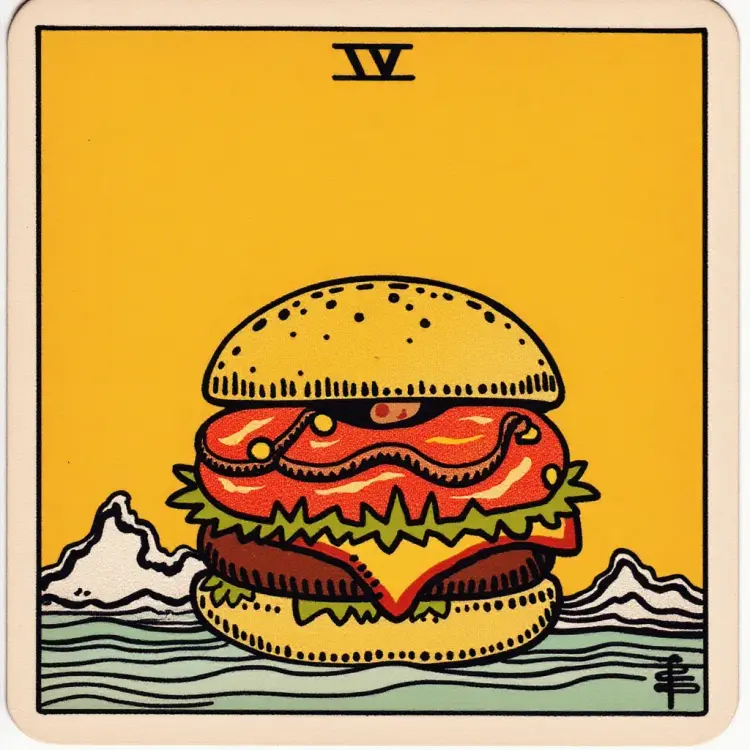 a bacon cheeseburger in the style of TOK a trtcrd, tarot style