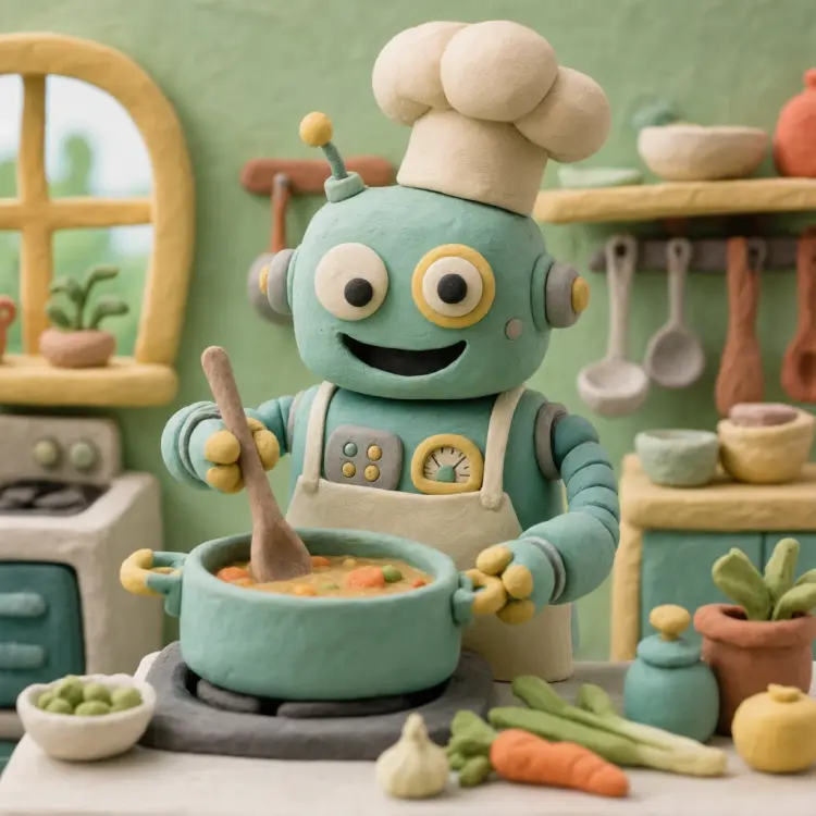 Claymation robot chef cooking in a pastel kitchen