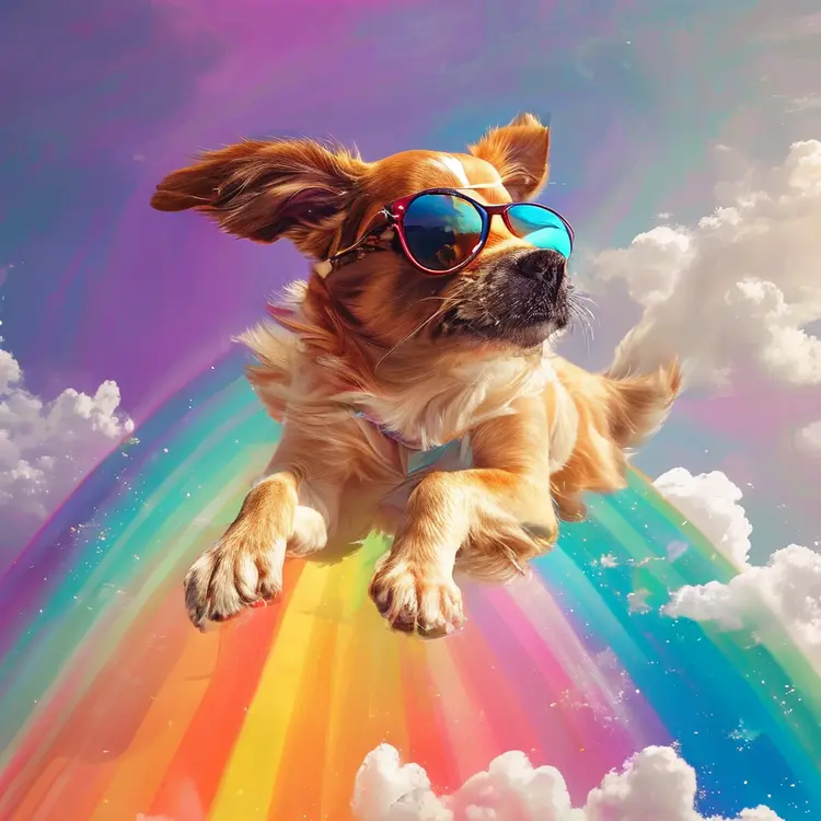 🐶 Wearing 🕶 flying on the 🌈