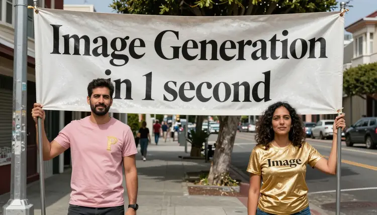 a portrait photo of a man on the left and a woman on the right , on the guy's pink t-shirt there is a golden "P", on the woman's gold t-shirt it says "Image", they are standing on a street in mission district of SF, they hold poles that hold up a banner above their heads that says "Image Generation in 1 second", the banner is in beautiful bold serif typography, it is a shimmering white banner, they are standing on a sidewalk.