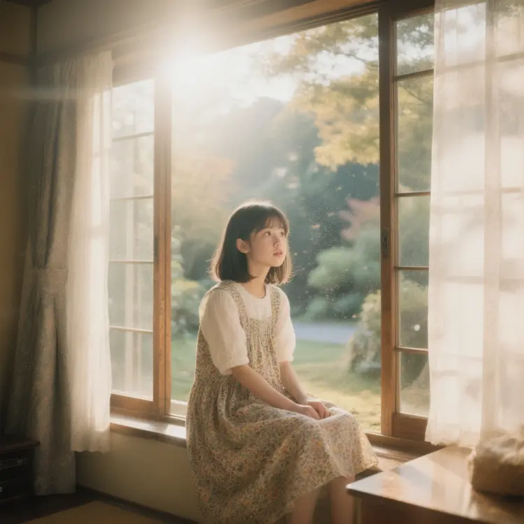 A girl sits on a sun-drenched bay window, warm backlight illuminating the dust motes in the air—a clean, soft-toned Japanese-style portrait shot on Fuji film, the 50 mm lens giving a shallow depth of field.