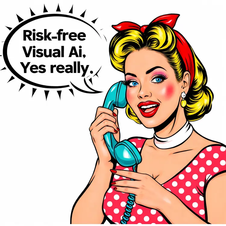 A colorful retro-style cartoon of a surprised woman holding a vintage telephone, speaking with wide eyes and red lipstick. A large speech bubble pops up next to her that says: "Risk-free Visual AI. Yes, really." Background is bright and vibrant, in 1950s comic book art style with bold outlines, polka-dot dress, and exaggerated expressions.