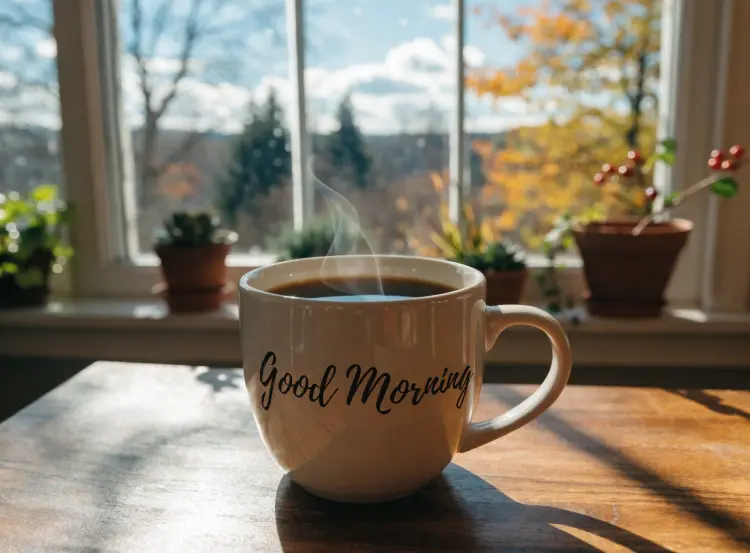 A ceramic coffee mug on a wooden table with the text 'Good Morning' written in elegant hand-lettered script, warm morning light streaming through a window, shallow depth of field, lifestyle photography