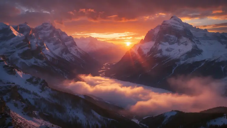 A majestic mountain landscape at sunset with snow-capped peaks reflecting golden light