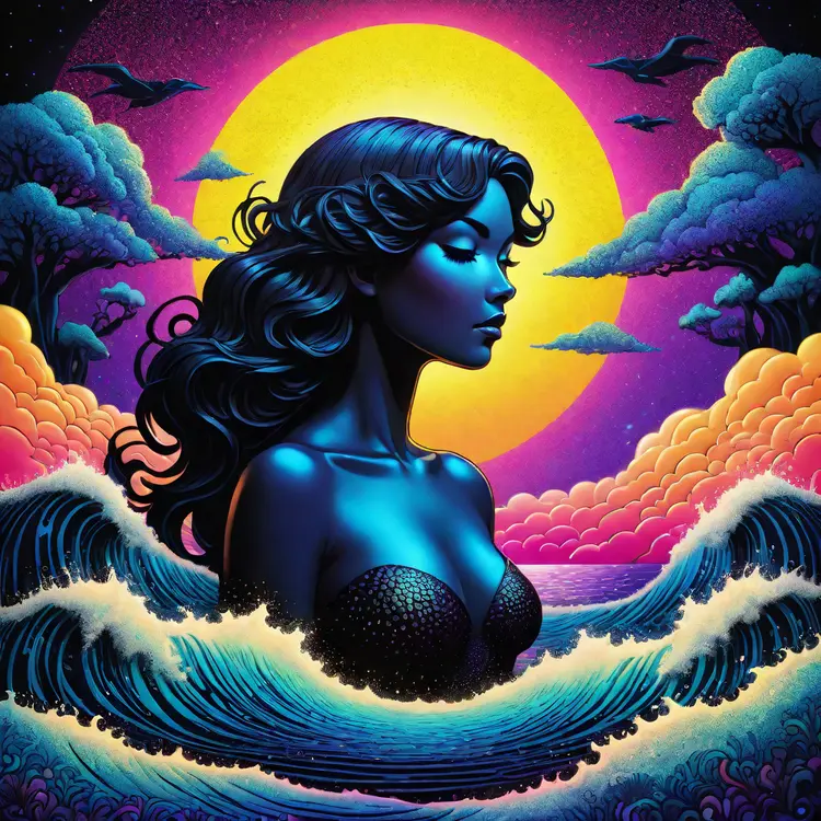 in the style of artgerm, comic style,3D model, mythical seascape, negative space, space quixotic dreams, temporal hallucination, psychedelic, mystical, intricate details, very bright neon colors, (vantablack background:1.5), pointillism, pareidolia, melting, symbolism, very high contrast, chiaroscuro