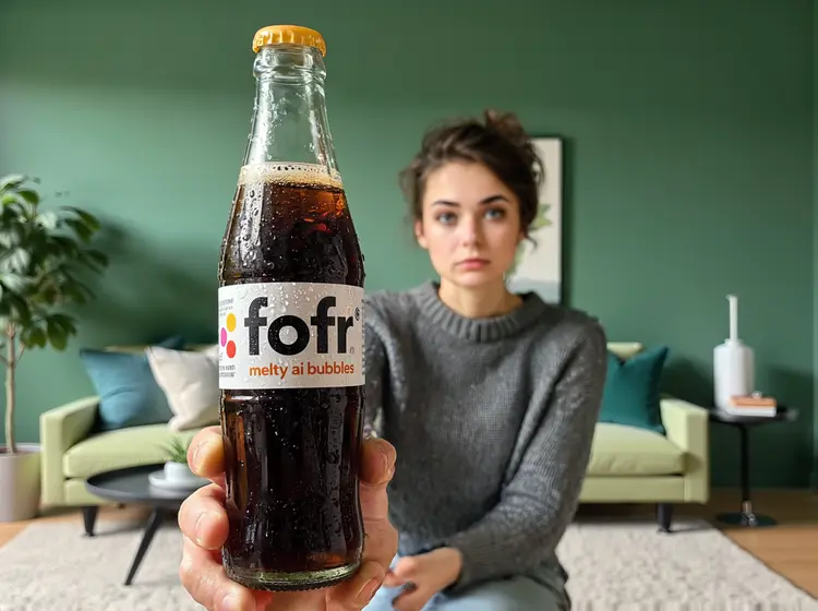 @woman holds the @bottom up, the bottle is the subject, the @woman is visible but she is blurred, she is in the @living_room, it is a product photo shoot