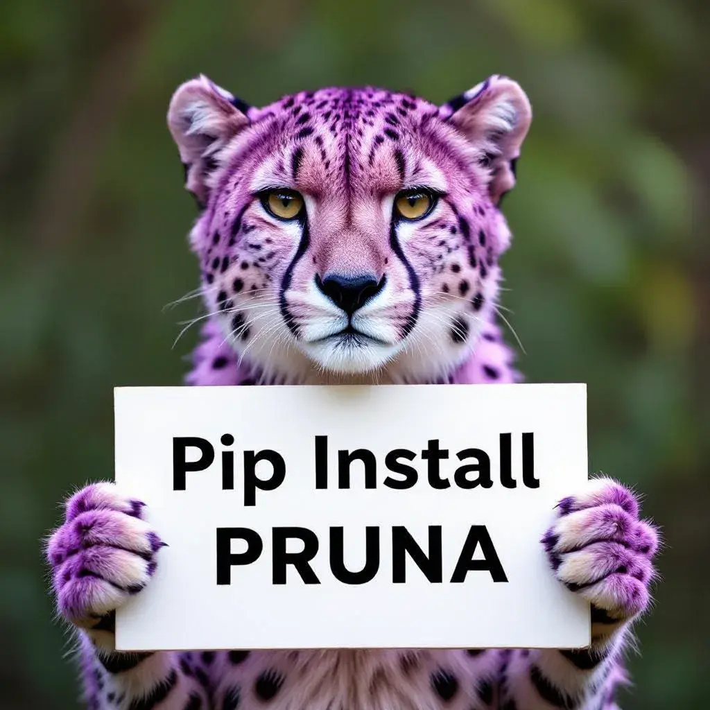 a purple cheetah holding a sign that says "pip install pruna"