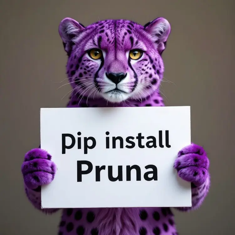 a purple cheetah holding a sign that says "pip install pruna"