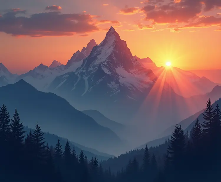 A majestic mountain landscape, sunrise, realistic style
