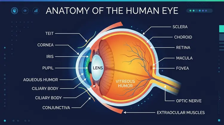 A scientifically accurate cross-section infographic of the human eye, with clean labels pointing to the cornea, iris, pupil, lens, retina, and optic nerve. Modern flat design style with a dark navy background and bright accent colors. Title reads 'ANATOMY OF THE HUMAN EYE' in a clean sans-serif font at the top.