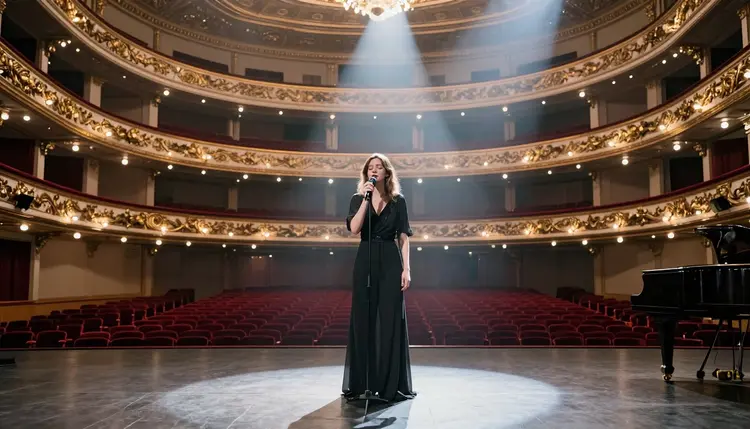 A singer standing alone on a grand theater stage, illuminated by a single spotlight that casts a soft circular glow around their feet. Rows of empty red velvet seats stretch into darkness, and the ornate golden balconies curve overhead with intricate detailing. The singer holds a microphone lightly, eyes closed, as they sing softly into the vast empty space, their voice almost visible in the air as a subtle vibration. A piano sits off to the side, its glossy surface reflecting the spotlight's halo. The mood is artistic, emotional, and quietly grand.