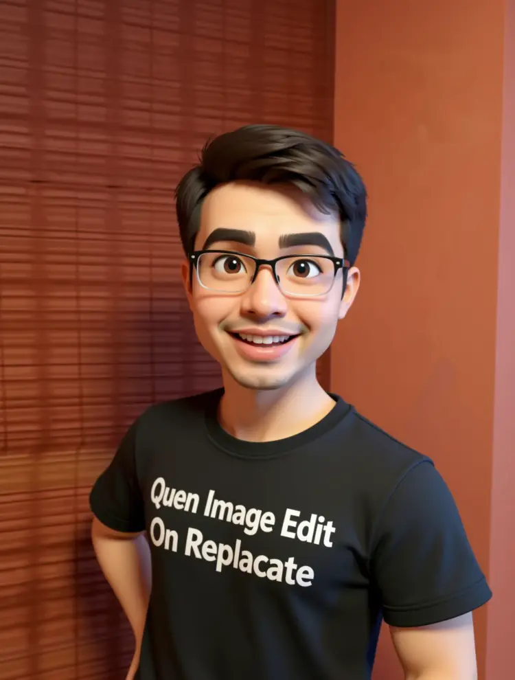 Replace the t-shirt to a black t-shirt with the text "Qwen Image Edit On Replicate" on it. Transform the image into a 3D cartoon style.