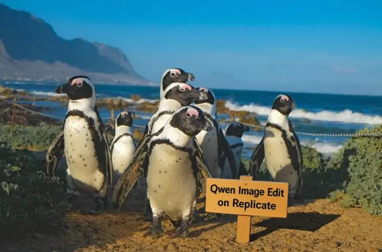 Add a small wooden sign in the foreground in front of the penguins with the text "Qwen Image Edit on Replicate".