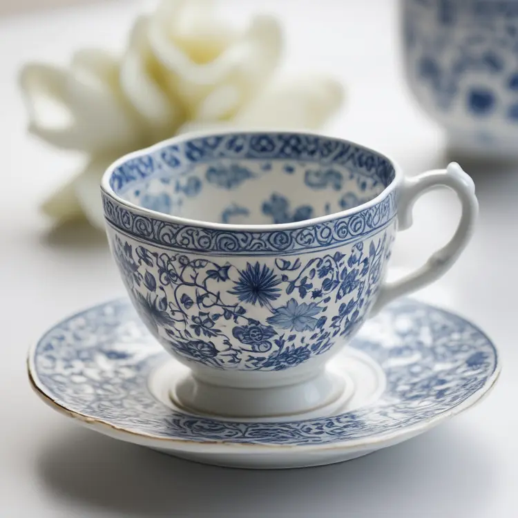 A delicate porcelain teacup sits on a saucer, its surface adorned with intricate blue patterns
