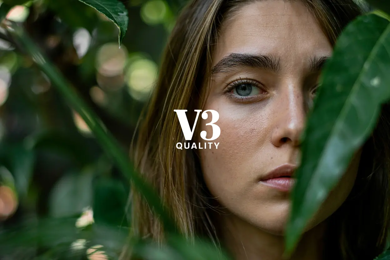 The text "V3 Quality" in the center middle. A color film-inspired portrait of a young woman with a shallow depth of field that blurs the surrounding elements, drawing attention to the eye. The fine grain and cast suggest a high ISO film stock, while the wide aperture lens creates a pleasing bokeh effect, enhancing the candid and natural documentary style.