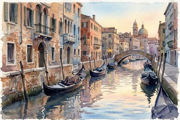 A watercolor painting of a Venetian canal at dawn. Gondolas are moored along weathered stone walls. Soft pastel reflections shimmer on the water. Loose, expressive brushstrokes with visible paper texture. Warm golden and cool blue tones.