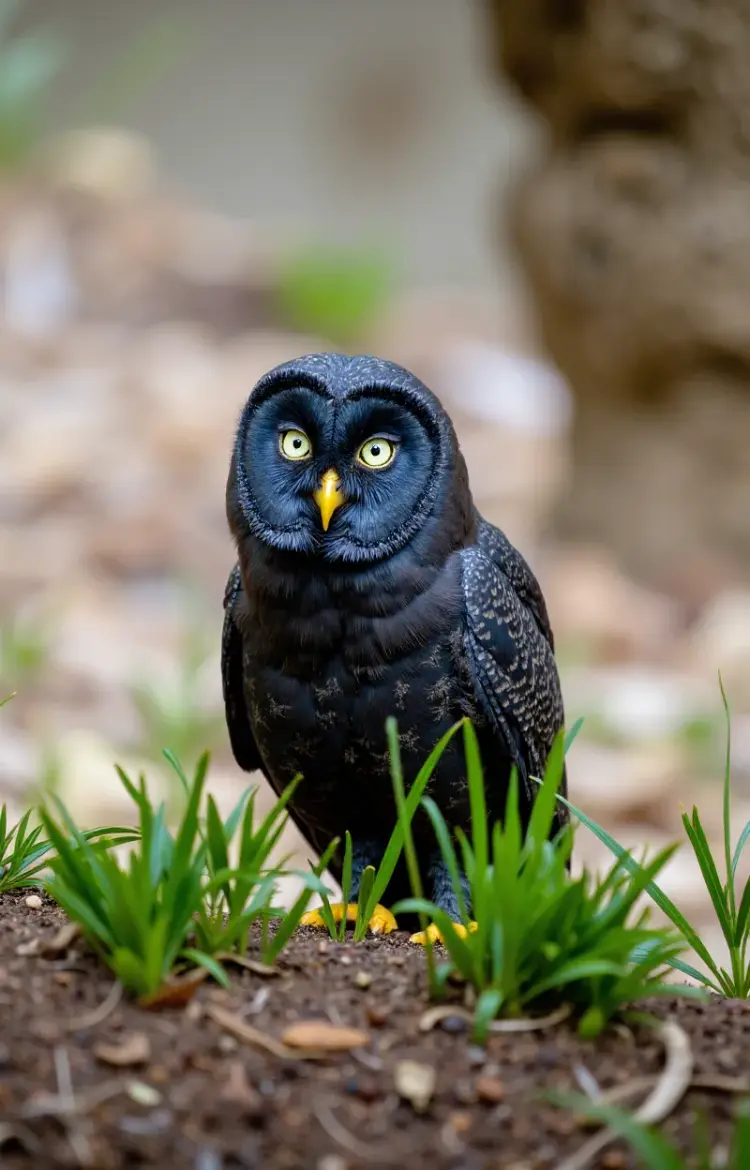 an owl with sleek black plumage