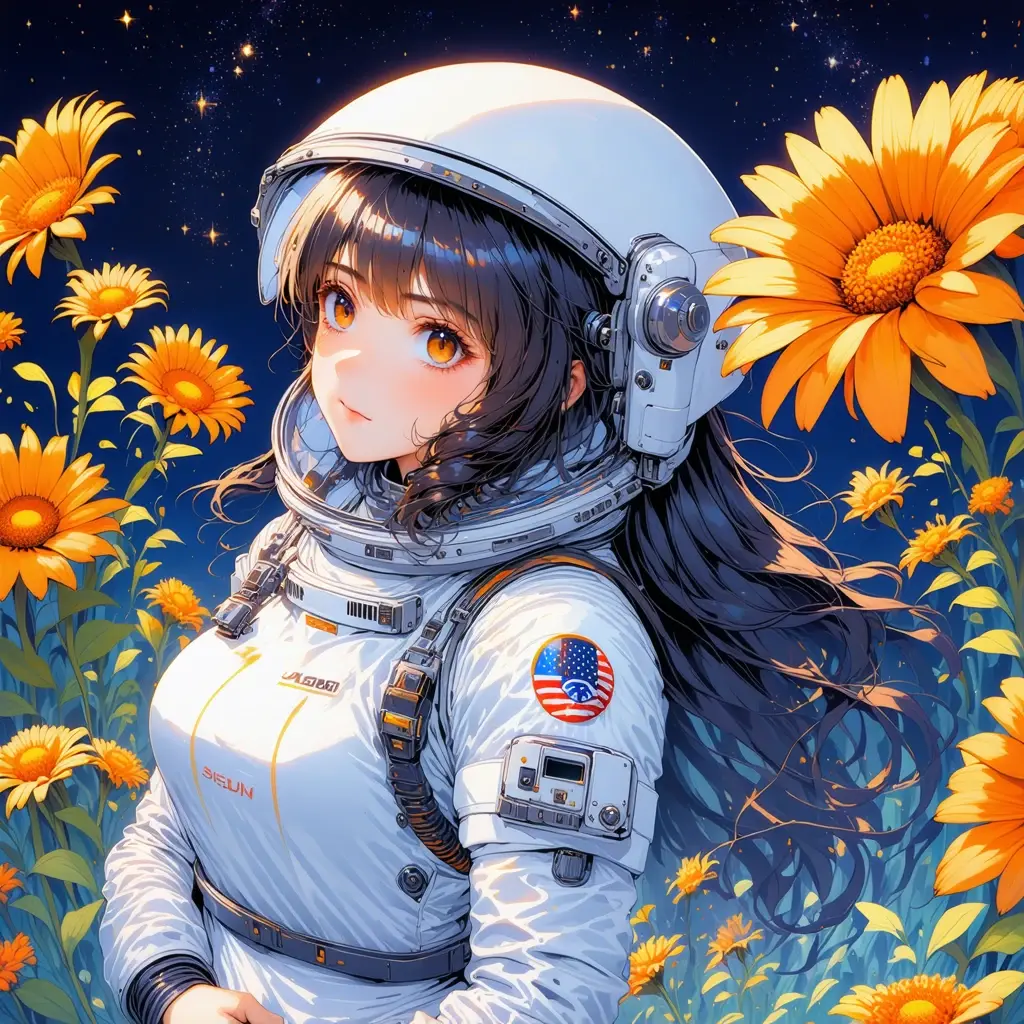 a captivating anime-style illustration of a woman in a white astronaut suit. She has long, dark wavy hair. Surrounding the astronaut are vibrant orange flowers with yellow centers. The background itself is a mesmerizing night sky filled with countless stars