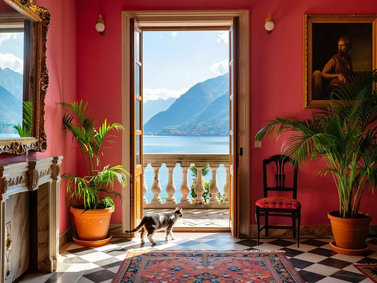 italian palace interior with plants and a cat, pink walls, bright noon lights, lake como, dreamy mood, 4K